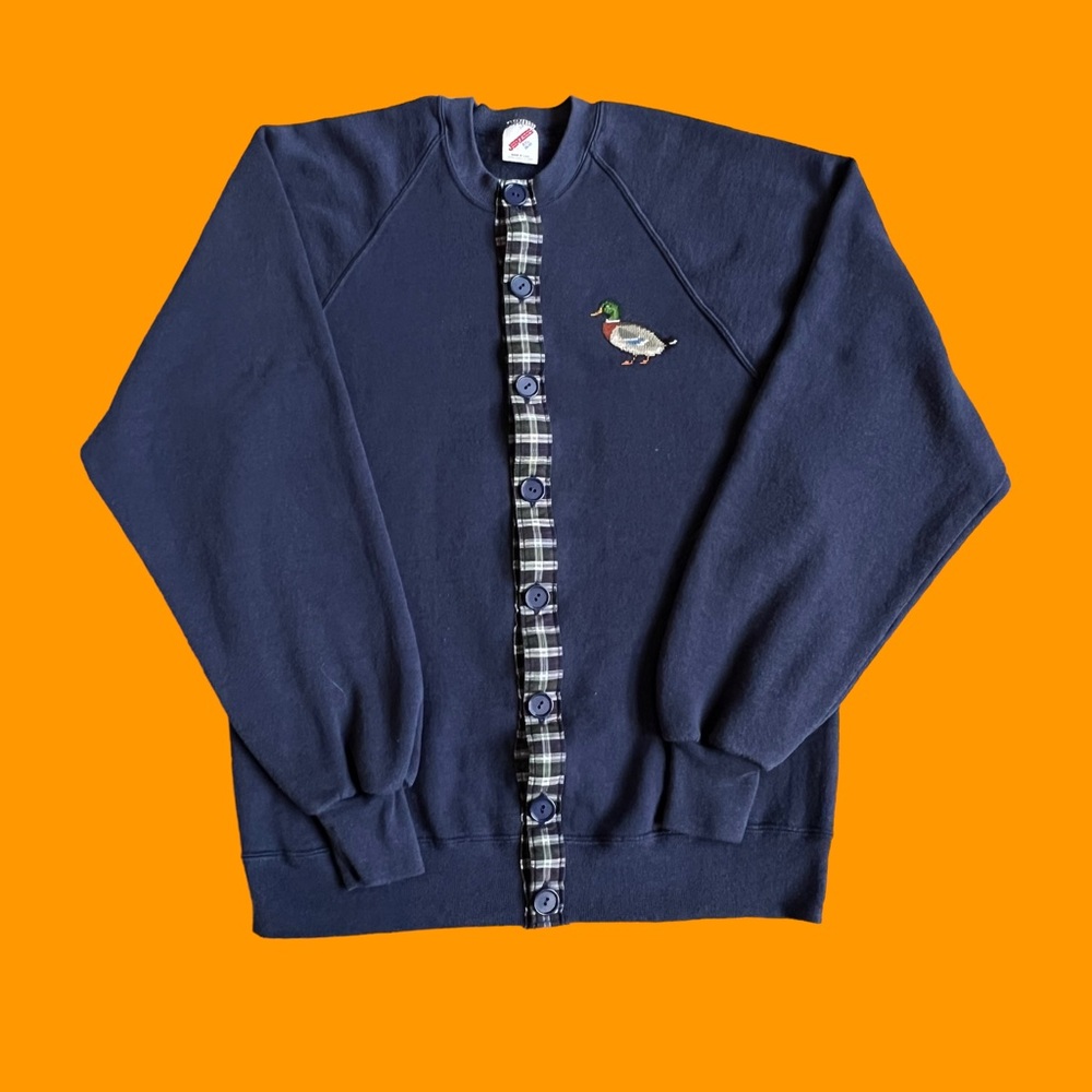 Vintage 90s Jerzees Cardigan Embroidered Duck Cut And Sew Blue Women Size XXL